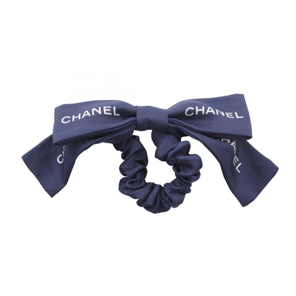 Chanel logo ribbon scrunchie, silk, women's, navy